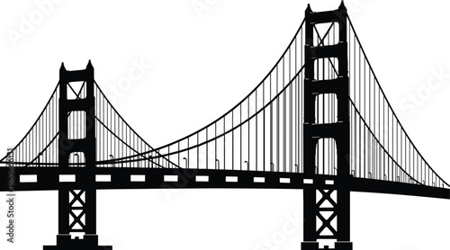 Golden Gate Bridge silhouette, suspension architecture, San Francisco landmark, black and white design, iconic structure, minimal style, engineering marvel