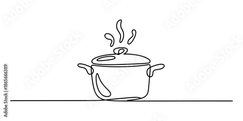 Simple continuous line drawing illustration of a cooking pot steaming on a stove Vector, illustration