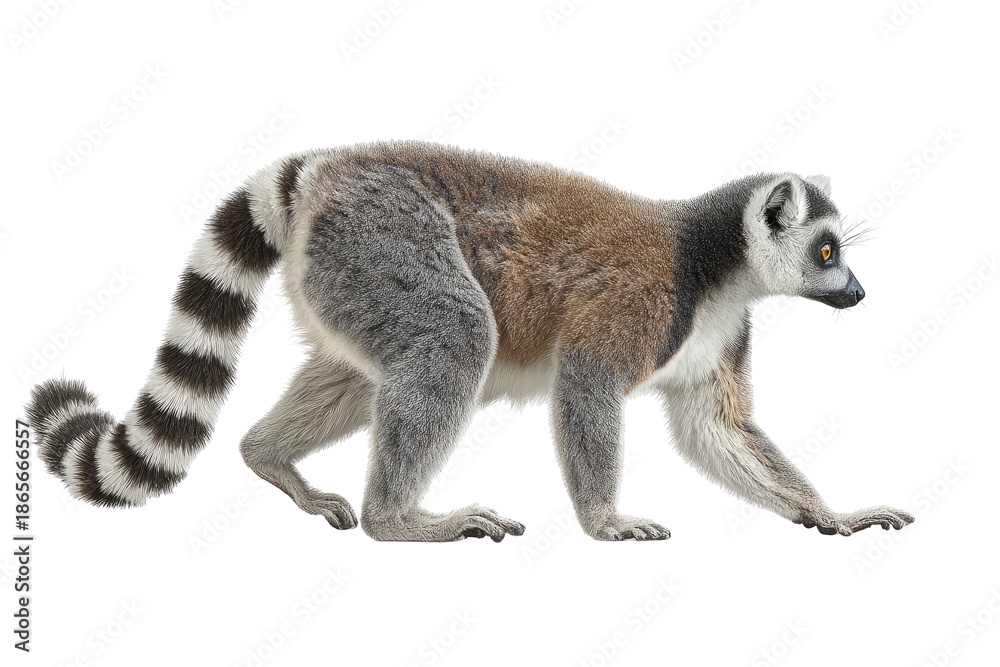 Fototapeta premium Ring-tailed lemur walking, side view, isolated, gray fur
