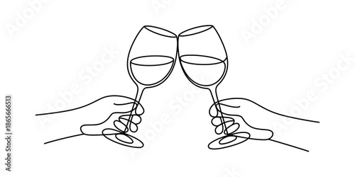 Minimalist one continuous line drawing of hands clinking wine glasses in celebration Vector, illustration
