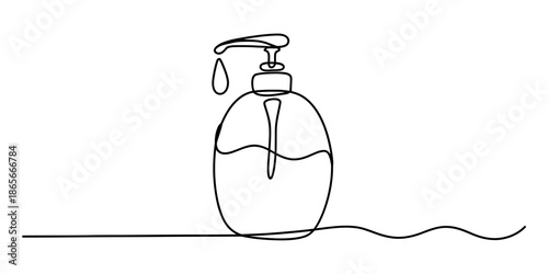 Minimalist one-line illustration of a soap dispenser for hygiene and cleanliness concepts Vector, illustration