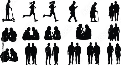 Human silhouettes, people interaction, social activity, walking figures, sitting poses, elderly movement, couple standing, scooter rider, mobile user, running