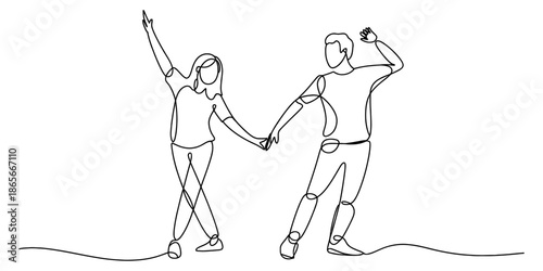 One continuous line art drawing of a happy couple dancing together in celebration Vector, illustration