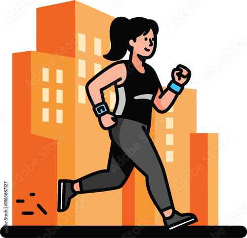 A cartoon runner in a city landscape, active and full of movement