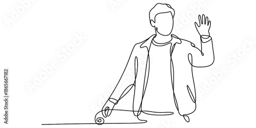 A minimalist single continuous line drawing capturing a man waving hello with a friendly gesture Vector, illustration