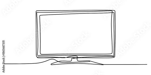 A minimalist single continuous line drawing of a modern television monitor set on a clean white background. Vector, illustration