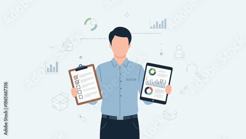 Business Analyst Presenting Data and Checklist for Review