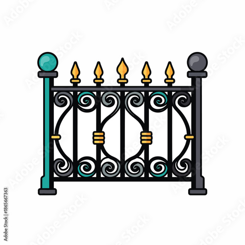 A detailed cartoon illustration of a ornate and decorative metal fence