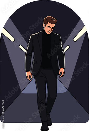 A stylish man in a suit is depicted in an illustration with a minimalist approach