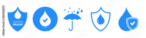 Waterproof Icon Set  Blue Vector Symbols for Water Resistance