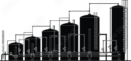 Industrial process system, fluid tanks, pipe network, valves, gauges, silhouette diagram, chemical processing, water treatment, vertical layout, control setup