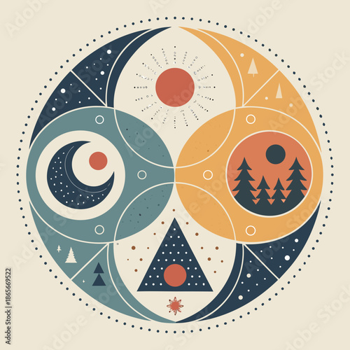 A stylized illustration of celestial bodies and nature in harmony