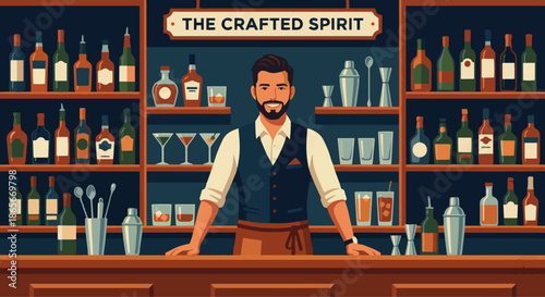 Bartender Behind Fully Stocked Bar
A flat vector illustration of a bartender standing confidently behind a fully stocked bar. Shelves filled with bottles, glasses, and cocktail tools. 
