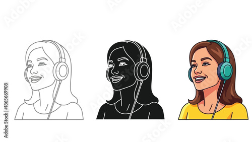 Set of three female customer service operator avatars with headphones and microphone, line art, silhouette, and full color illustration styles
