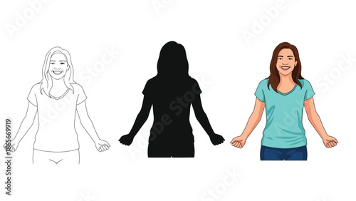 Set of three illustrations of a woman in a tshirt and jeans line art, silhouette, and full color drawing