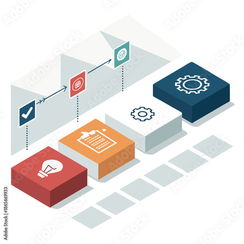 A series of colorful 3D cubes representing different stages of a process or workflow, set against a clean white background, viewed from a slightly angled perspective.