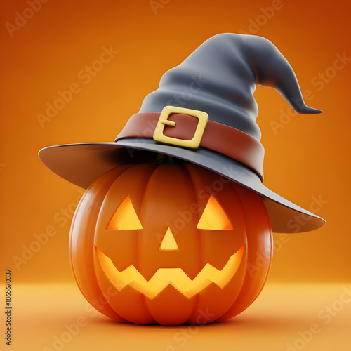 Jack o lantern wearing a witch hat on orange background