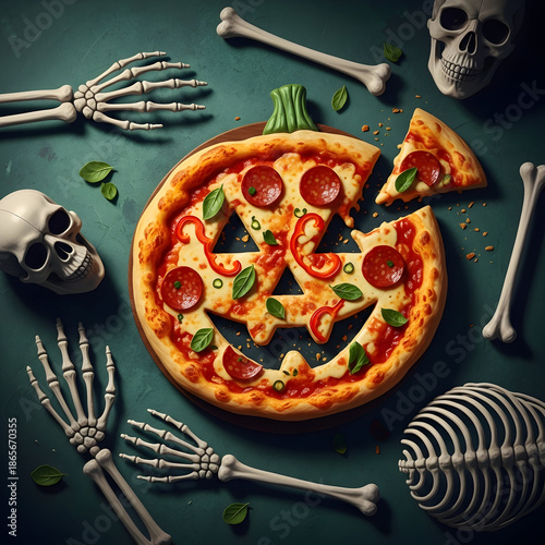 Halloween pizza with a jack o lantern design and skeleton bones