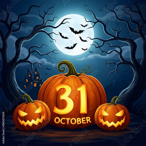 Spooky halloween night with glowing pumpkins and full moon