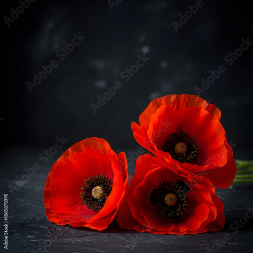 Three red poppies in dark background