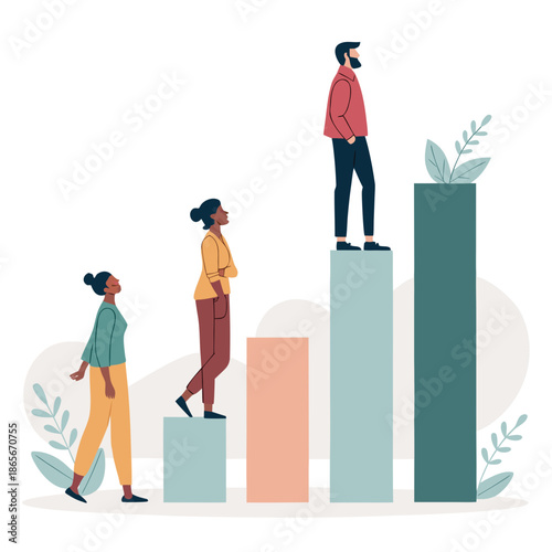 People ascending a bar graph with determination and growth