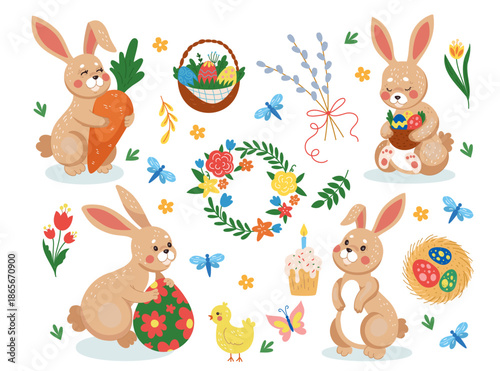 Easter. Spring celebration. Bunny hold cake, butterfly, basket with leaf and flowers. Rabbit for kids. Simple floral decoration. Elements cartoon flat style. Vector holiday tidy isolated illustration