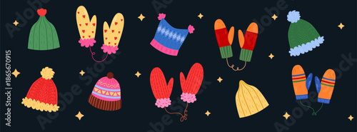 Winter hats, gloves. Knit caps, snow mittens. Hand and heads warmers. Snow clothing element. Cozy seasonal fashion. Accessory for cold season. Vector tidy cartoon flat style isolated illustration