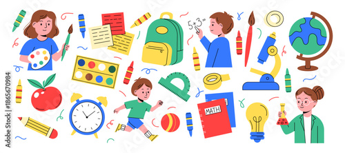 Back to school. Kid character. Student supplies, happy learner boys and girls. Cute student, geometric icon. Science element, educational design. Vector garish sticker cartoon flat style isolated set