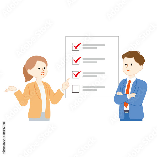 チェックリストを確認するビジネスパーソンのイラスト