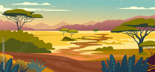 Zoo park. African safari. Wild nature landscape. Mountains at horizon. Dry river summer scenery. Trees and bushes. Scenic wilderness panorama. Savanna environment in Africa. Vector savannah background