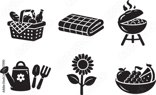 Summer Travel and Vacation Gear Solid Black Silhouette Icon Set eps