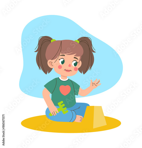 Children play in sandpit. Happy baby kids build sand castle. Sandy tower. Sandcastle building. Girl with toy scoops. Beach game. Childhood joy at playground. Summer outdoor leisure. Vector concept