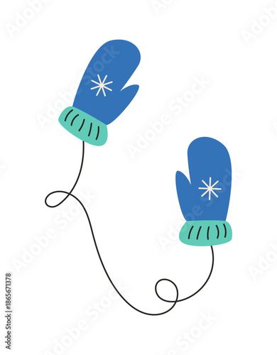 Kindergarten clothing. Kids mitten. Isolated knitted pair of gloves connecting with thread. Children outerwear. Seasonal wool accessory. Clothes for hands. Snowflake ornament. Vector winter element