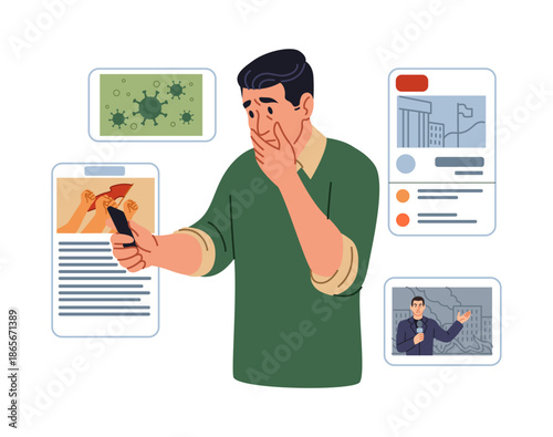 Man reading news. Smartphone screen. Guy holding mobile phone. Online newspaper content. Disaster and catastrophe newsletter articles. Media journal. Web publication. Press reportage. Vector concept