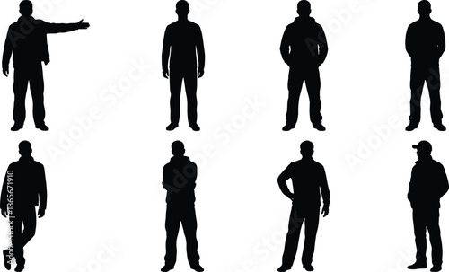 Silhouettes of diverse individuals standing in casual poses, ideal for body language studies, design references, and lifestyle illustrations