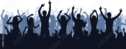 Dynamic silhouettes of people dancing and celebrating at a lively night event with vibrant energy and rhythmic movement