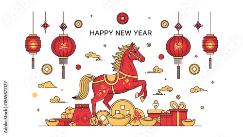 Festive Lunar New Year Celebration with Traditional Elements and Symbolic Decorations in Vibrant Colors