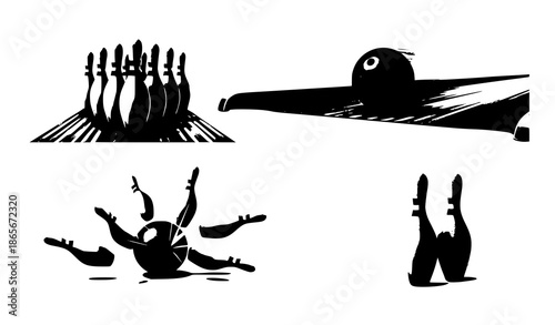 Realistic bowling and kegling mockup vector set with dynamic pin and ball views