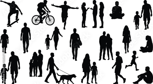 Silhouettes of people engaged in everyday urban activities, showcasing lifestyle, movement, relationships, and social interaction for design use