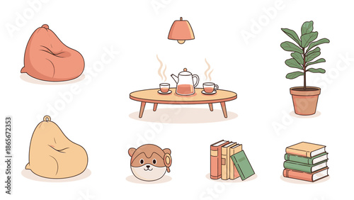 Cozy living room scene with bean bags, coffee table, tea set, books, and a potted plant