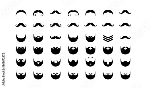 Mustache and beard simple vector icon set with 50 grooming style illustrations for web