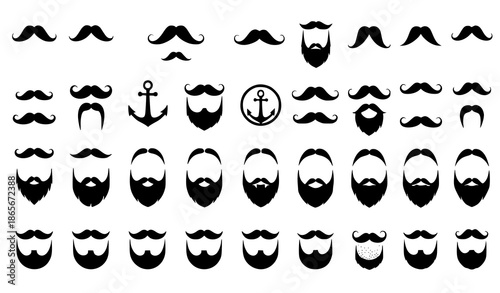 Mustache and beard flat vector icon set with 50 facial hair silhouette designs