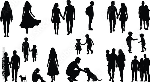 Silhouettes of people, families, and pets in diverse poses and interactions, symbolizing relationships, lifestyle, and everyday human connection