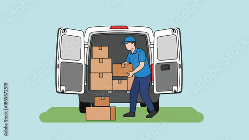 Delivery Worker Loading Boxes into Delivery Van