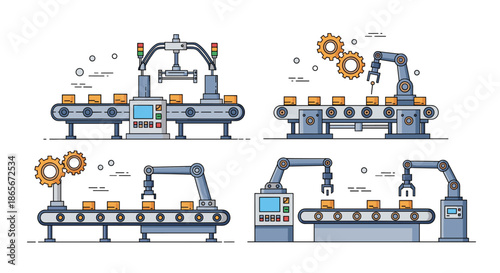 Automated factory production lines with robotic arms moving boxes on conveyor belts for industrial manufacturing process.