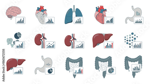 Collection of Human Organ Icons with Medical Graphs and Charts