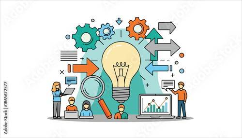 A detailed illustration of business innovation, teamwork, data analysis, and strategic development with a central lightbulb idea.