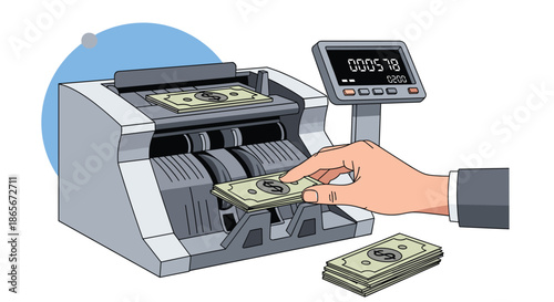 Hand placing a stack of dollar bills into an electronic money counting machine with a digital display showing a count.