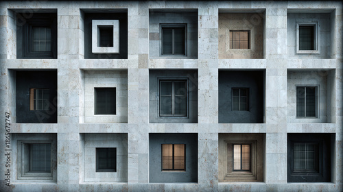Architectural design with multiple windows, capturing the play of light and shadow