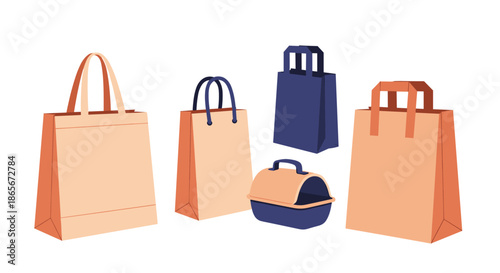 Collection of reusable shopping bags in different sizes and colors including a blue pet carrier bag on a plain white background.